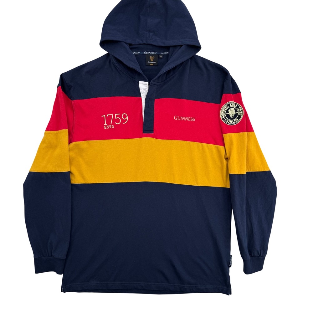 Guinness Hooded Rugby Shirt Mens XXL Colorblock 1759 Patch Hooded Ireland Beer